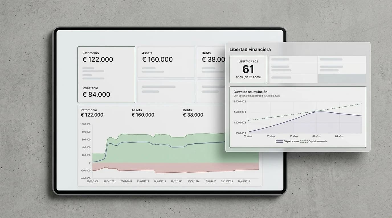 Composición digital sobre una tableta que recrea el panel de control patrimonial y una tarjeta superpuesta del módulo de Libertad Financiera.